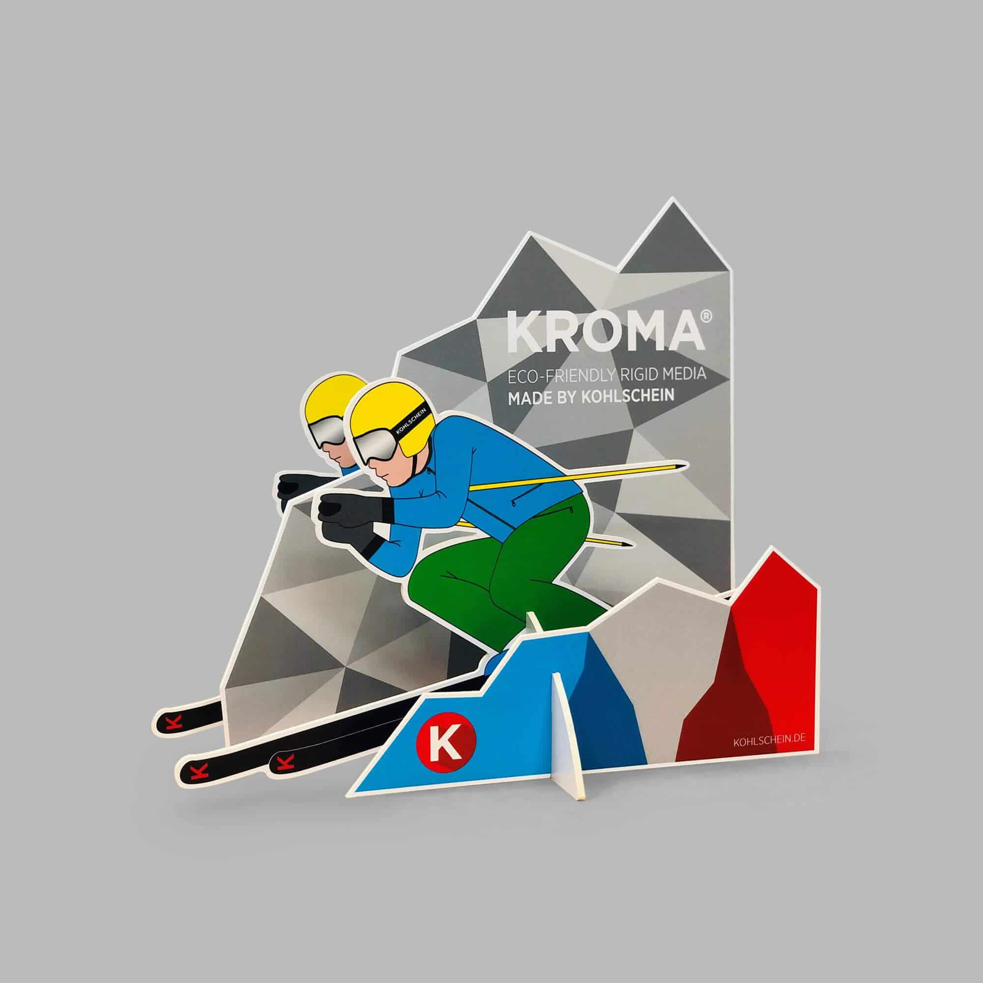 Displaykarton KROMA Displayboard Anwendungsbeispiel Skifahrer